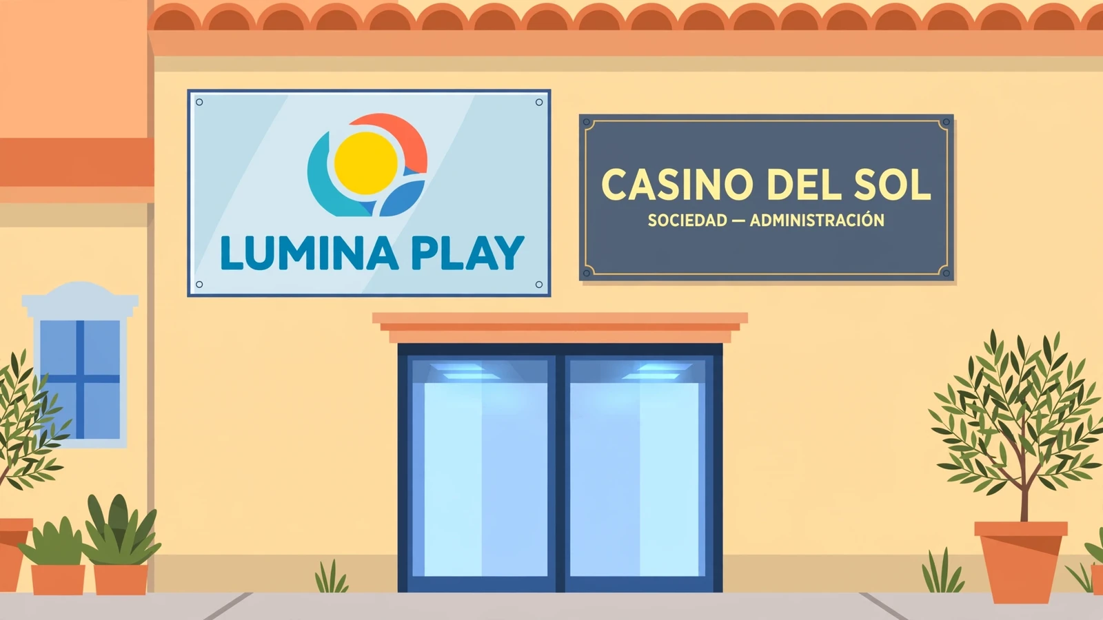 Dos letreros: logo de marca y nombre corporativo en la entrada del casino