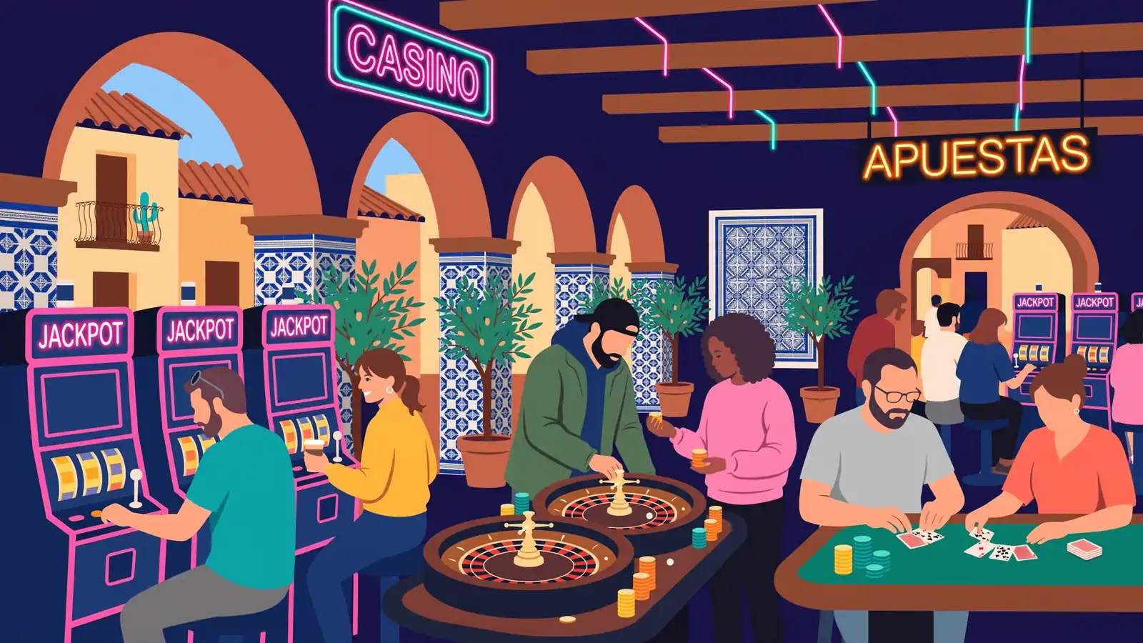 Piso de casino con ruleta, tragamonedas y mesas de cartas bajo luces de neón